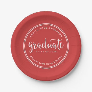 Red Script and White Stripes Graduate Graduation Paper Plate