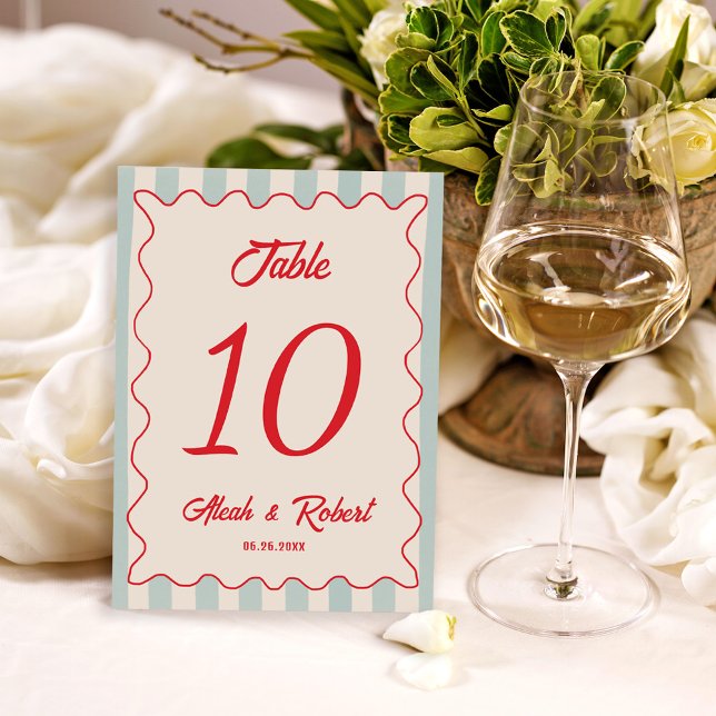 Red Script Blue Line Retro Wedding Table Number (Creator Uploaded)