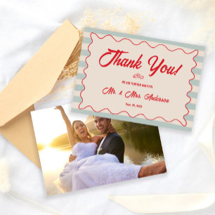 Red Script Blue Lines Retro Wedding Photo Thank You Card