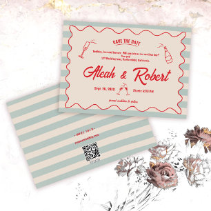 Red Script Blue Lines Retro Wedding Save the Date Invitation