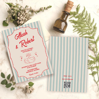 Red Script Blue Stripes QR Code Retro Wedding Invitation