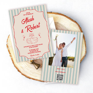 Red Script Blue Stripes Retro Photo Wedding Invitation