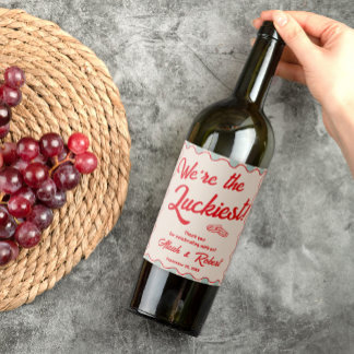 Red Script Blue Stripes Retro Wedding Wine Label