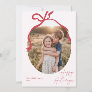 Red Script Bow Plaid Family Photo Christmas Holiday Card