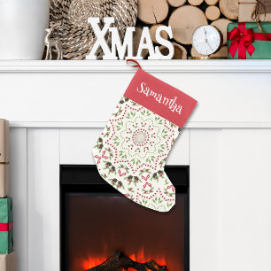 Red Script Christmas Pattern Personalised  Small Christmas Stocking
