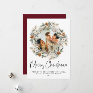 Red Script Elegant Botanical Wreath Christmas Holiday Card