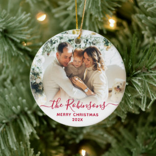 Red Script Family Name Photo Merry Christmas   Ceramic Tree Decoration