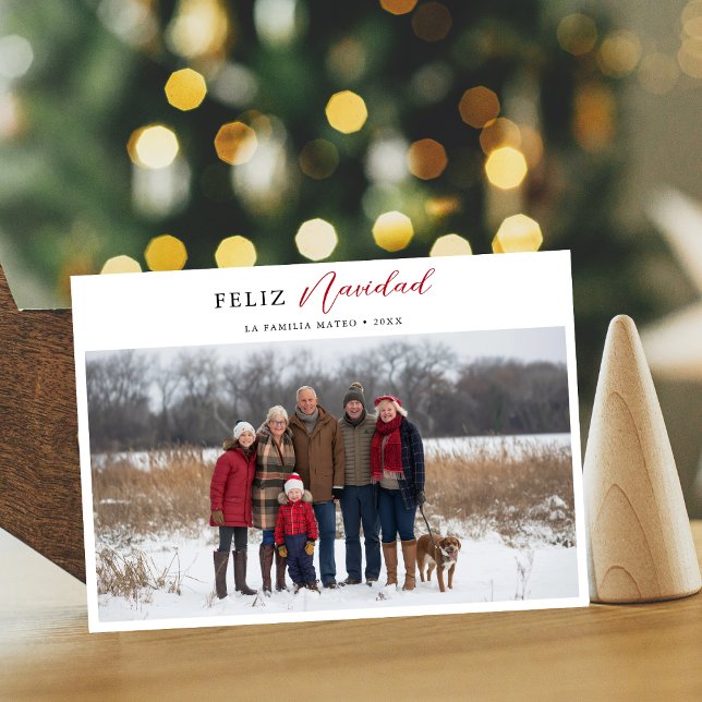Red Script Feliz Navidad Spanish Christmas Photo Holiday Card (Creator Uploaded)