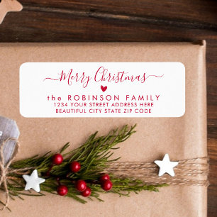 Red Script Heart Christmas Return Address Label