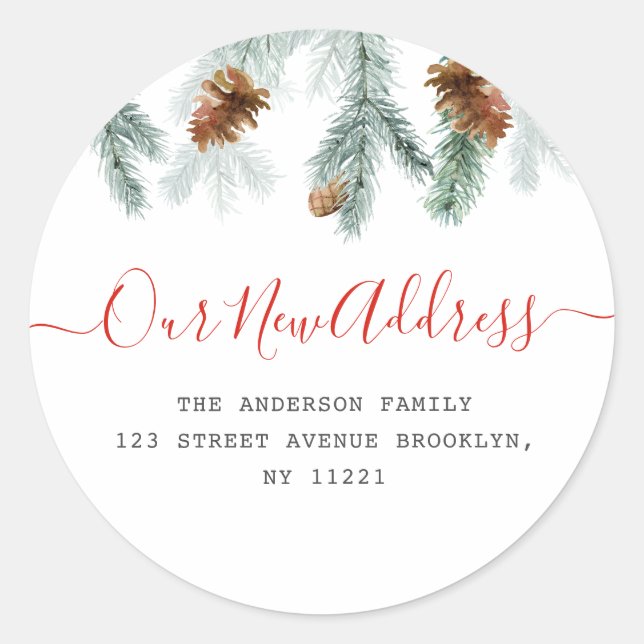 Red script holiday moving announcement classic round sticker (Front)