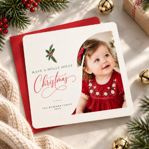 Red Script Holly Jolly Baby Christmas Photo Holiday Card