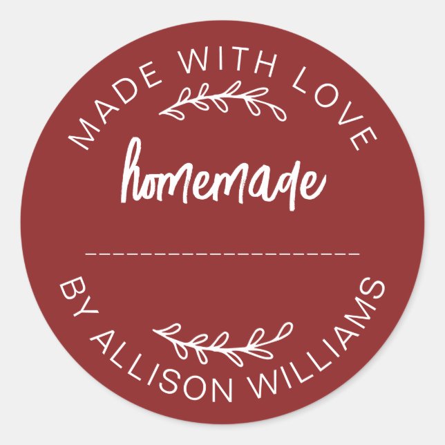 Red Script Made With Love Homemade Food Jar Classic Round Sticker (Front)