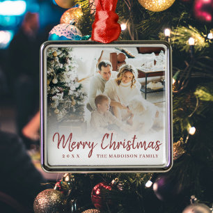 Red Script Merry Chirstmas One Sided Family Photo Metal Tree Decoration