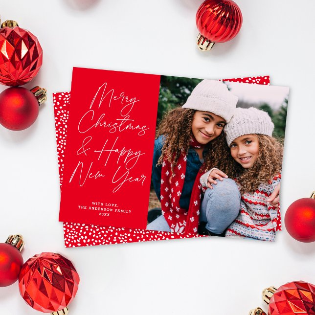 Red Script Merry Christmas & Happy New Year Photo Holiday Card (Creator Uploaded)