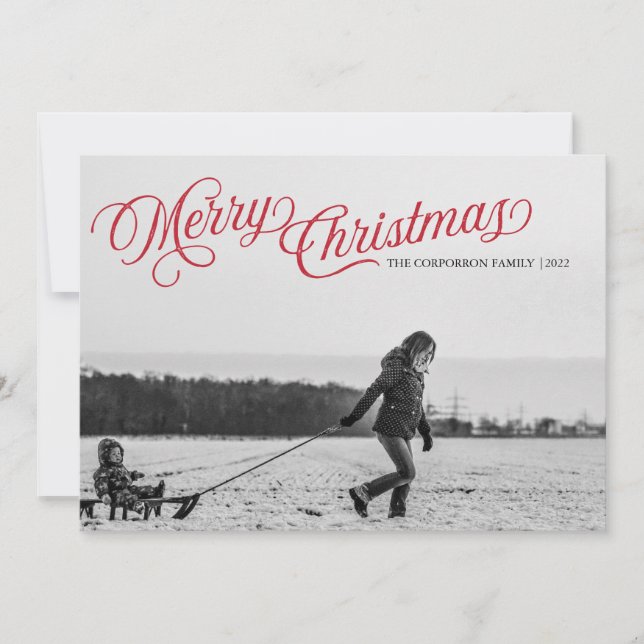 Red Script Merry Christmas Overlay Holiday Card (Front)