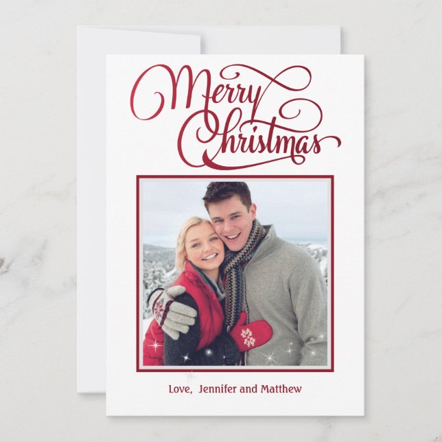 Red Script Merry Christmas Sparkle Photo Holiday Card (Front)
