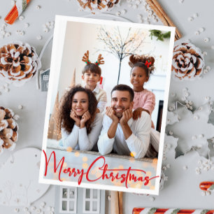 Red Script Merry Christmas Vertical Full Photo Holiday Card