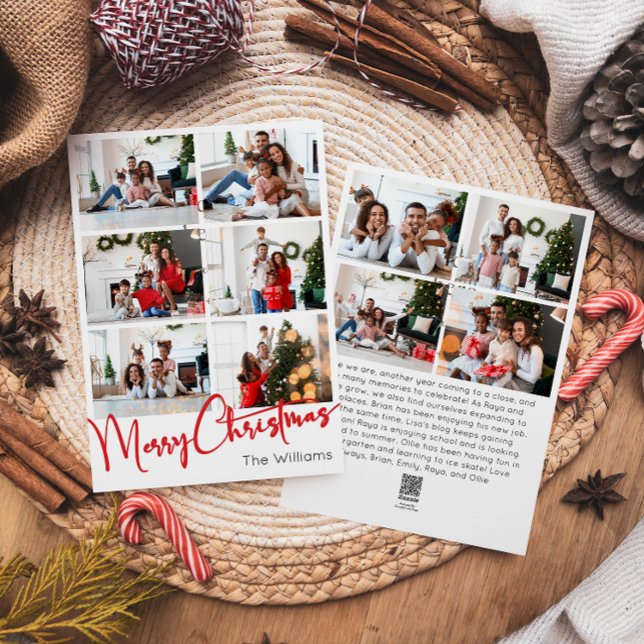 Red Script Merry Christmas Vertical Ten Photo Holiday Card (Creator Uploaded)