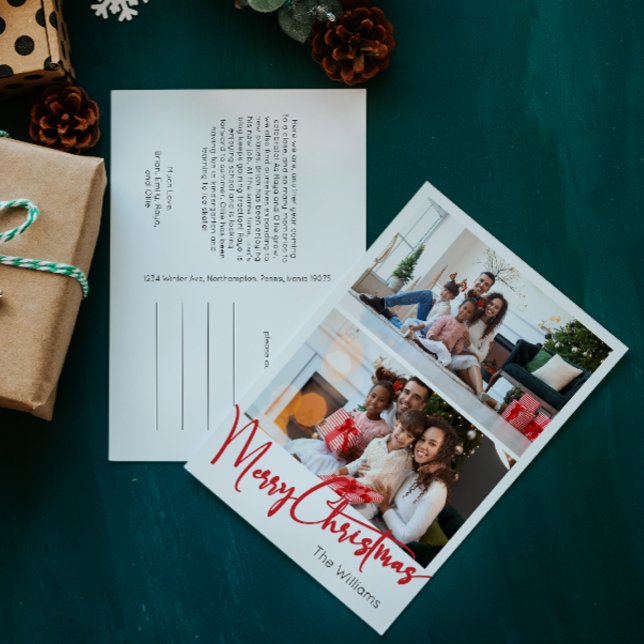 Red Script Merry Christmas Vertical Two Photo Holiday Postcard (Creator Uploaded)