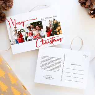 Red Script Merry Christmas Year in Review 3 Photo Holiday Postcard