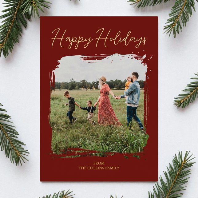 Red Script Modern Minimal Photo Happy Holidays (Red Script Modern Minimal Photo Happy Holidays Foil Holiday Card)