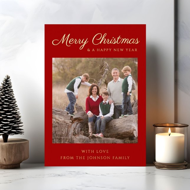 Red Script Photo Christmas Gold Foil Holiday Card (Red Script Photo Christmas Gold Foil Holiday Card)