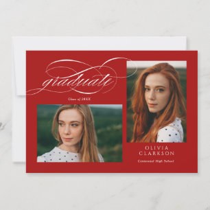 Red Script QR Code 3 Photo Graduation Party Invitation