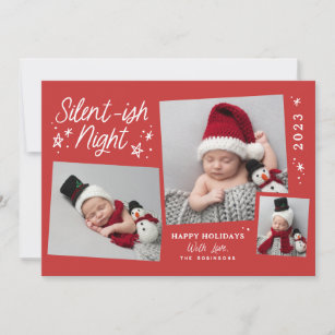 Red Script Silent-ish Night 3 Photo Collage Holiday Card