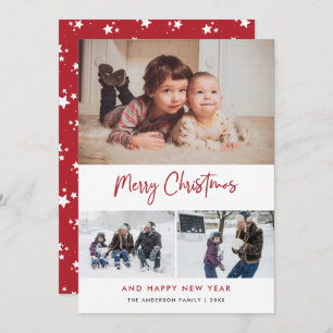 Red Script Stars Christmas 3 Photo Collage Holiday Card