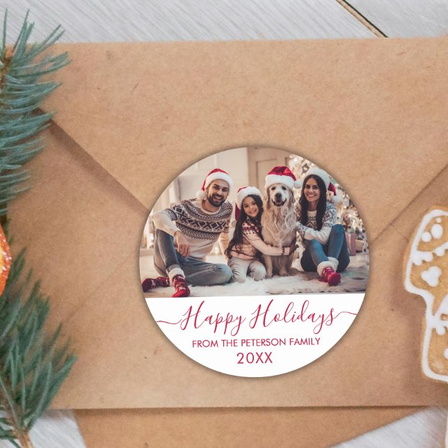 Red Script White Family Photo Happy Holidays Classic Round Sticker (Creator Uploaded)