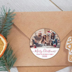 Red Script White Family Photo Merry Christmas Classic Round Sticker