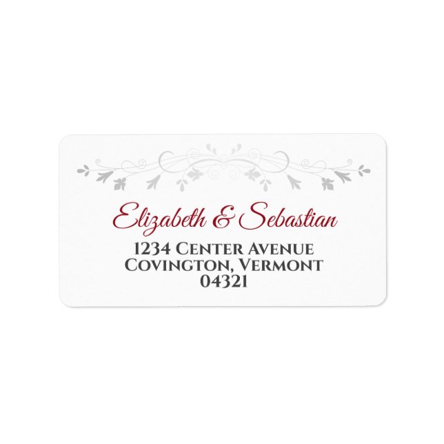 Red Script with Silver Filigree on White Address Label (Front)