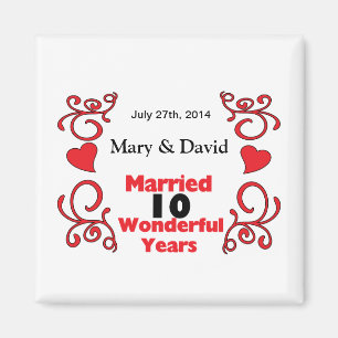 Red Scroll & Hearts Names & Date 10 Yr Anniversary Magnet