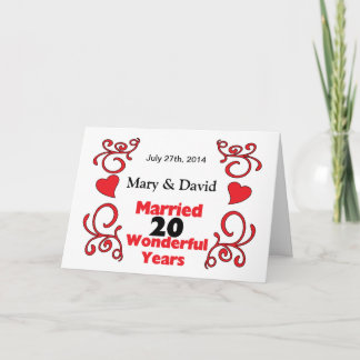 Red Scroll & Hearts Names & Date 20 Yr Anniversary Card
