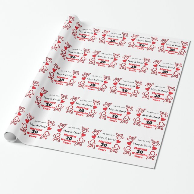 Red Scroll & Hearts Names & Date 20 Yr Anniversary Wrapping Paper (Unrolled)