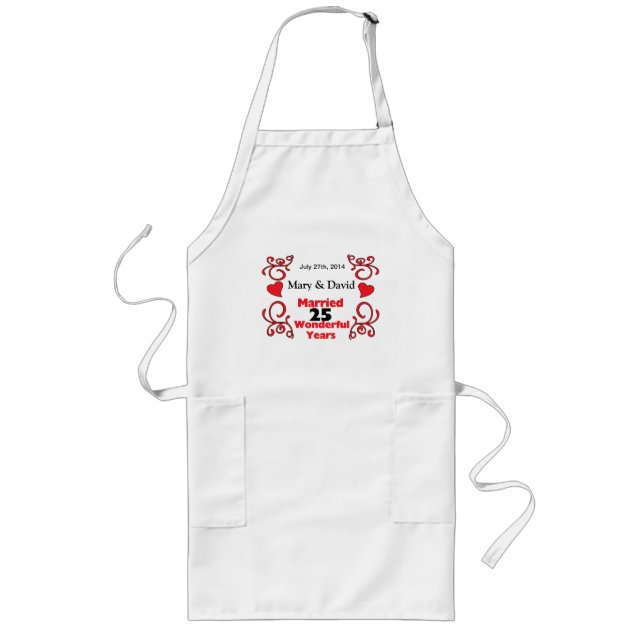 Red Scroll & Hearts Names & Date 25 Yr Anniversary Long Apron (Front)