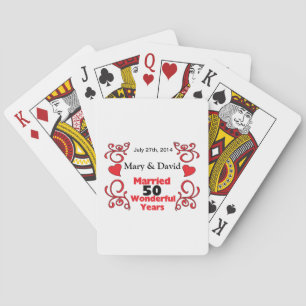 Red Scroll & Hearts Names & Date 50 Yr Anniversary Playing Cards