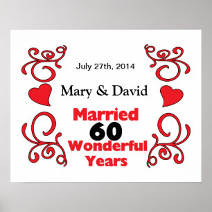 Red Scroll & Hearts Names & Date 60 Yr Anniversary Poster