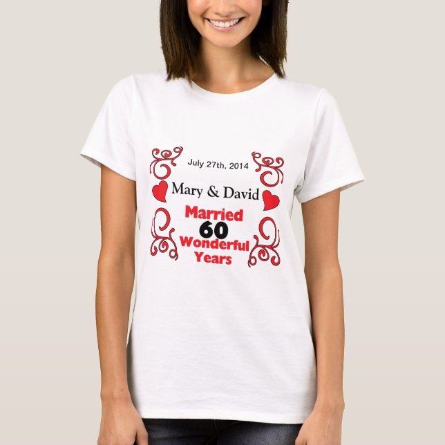 Red Scroll & Hearts Names & Date 60 Yr Anniversary T-Shirt (Front)
