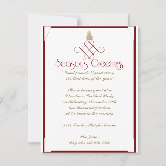 Red Scroll with Small Gold Christmas Tree Invitation (Front)