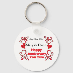 Red Scrolls & Heart Names & Date Happy Anniversary Key Ring
