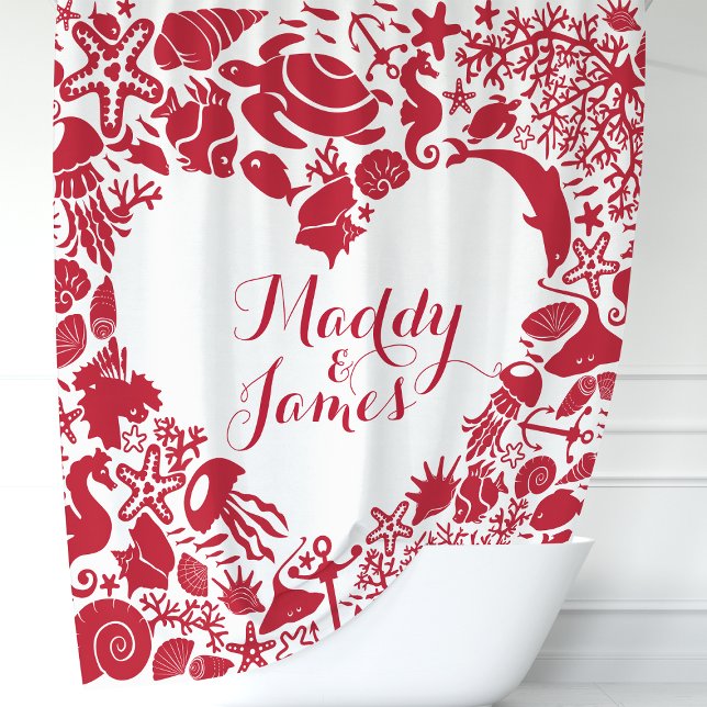 Red Sea Creatures Nautical Heart Couples Monogram Shower Curtain (Creator Uploaded)