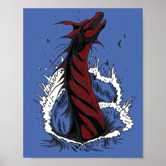 Red Sea Monster Serpent Ocean Waves Poster (Front)