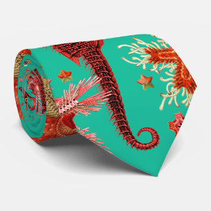 RED SEAHORSE AND SEASTARS TURQUOISE BLUE Sea Life Tie