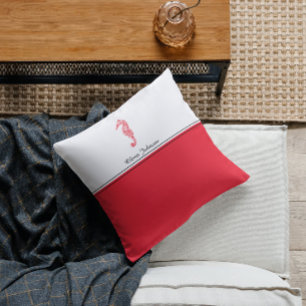 Red seahorse drawing sea life name elegant cushion