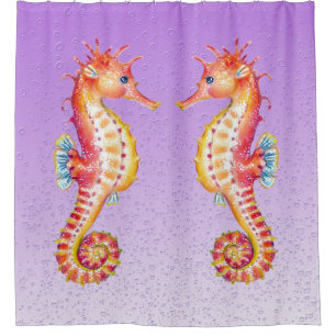 Red Seahorse Purple Bubbles Shower Curtain