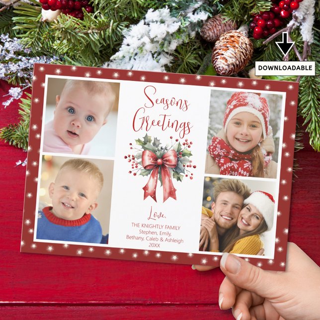 Red Seasons Greetings 4 Photo Script Bow Lights Holiday Card (Creator Uploaded)