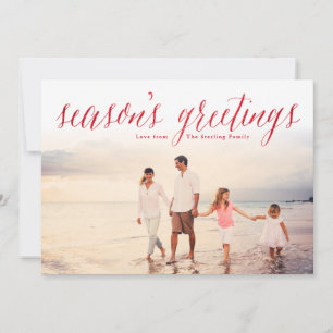 Red Season's Greetings Glitter Look Photo Holiday Card