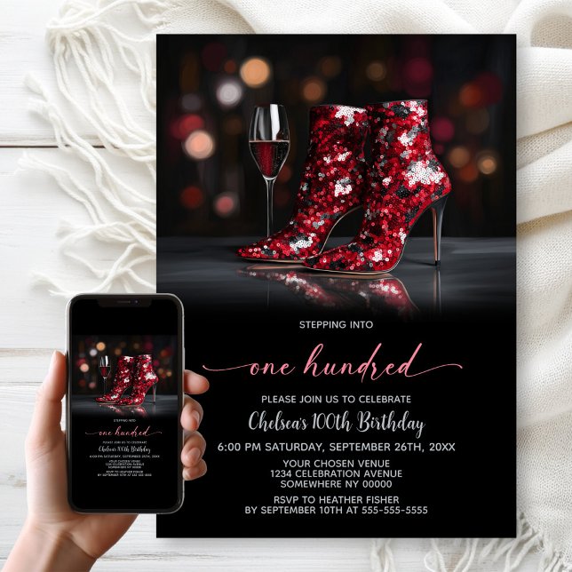 Red Sequin Boots 100th Birthday Party Invitation (Creator Uploaded)