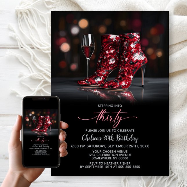 Red Sequin Boots 30th Birthday Party Invitation (Creator Uploaded)